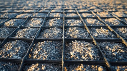 Geogrids on road bases, road construction and reinforcement are covered with fine gravel