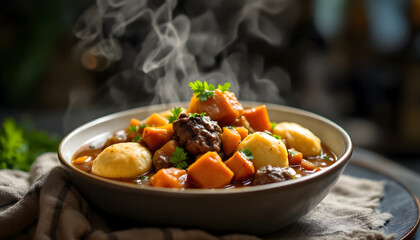 Hearty stew with tender meat and root vegetables, steaming hot and inviting - warmth and comfort - perfect for cooking blogs, recipe cards, or food related social media posts