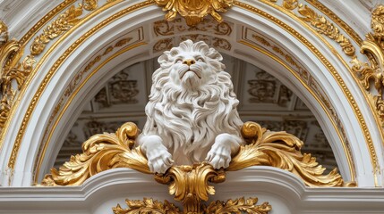 A majestic golden lion statue sits within an elaborate, arched, gold and white frame. Intricate details showcase luxury and regality.