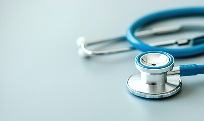 Blue stethoscope on gray background, close-up for healthcare concept