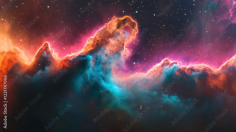 Poster vibrant nebula with cosmic dust and gas clouds in deep space, showcasing colorful interstellar forma