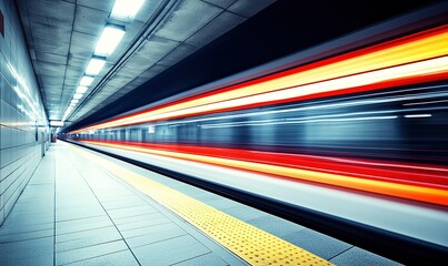 Blurred train speeding through brightly lit subway station platform