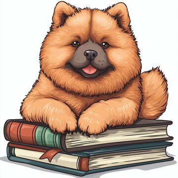 recommend clip art: Chow chow dog lying on a stack of books. Dog reading clip art illustration