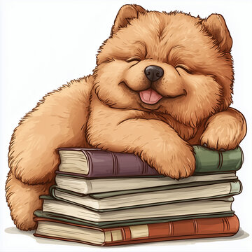 recommend clip art: A chow chow puppy dog happily sleeping on a stack of books illustration