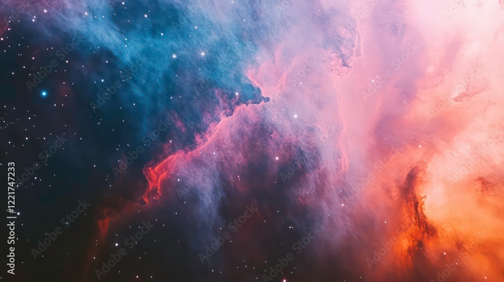 Wall mural vibrant nebula with red, blue, and pink hues, showcasing cosmic dust and stars.