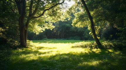 Obraz premium A serene forest glade bathed in soft dappled light, peaceful, harmony, dappled. Serene Glade. Illustration