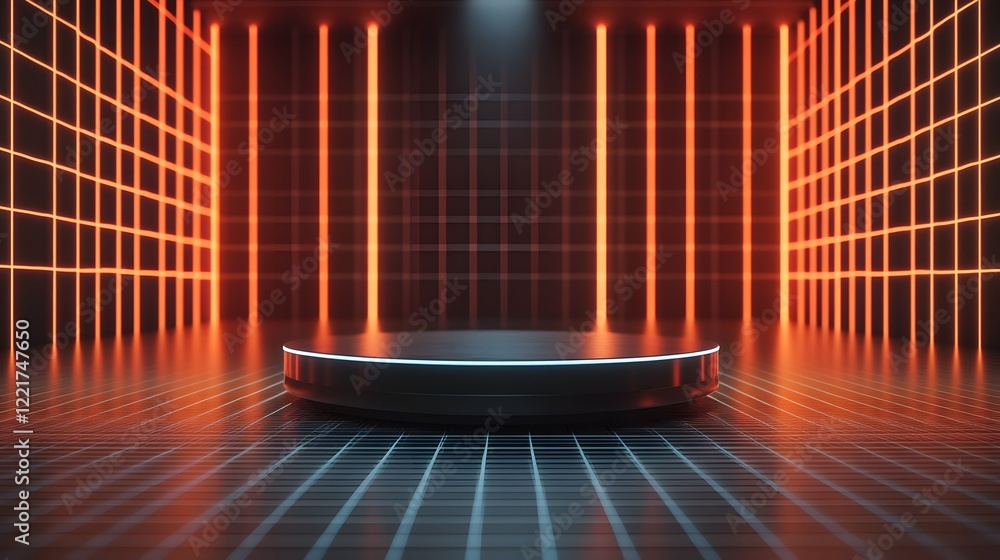 Poster a modern podium set on a high-tech metallic surface with digital grid lines glowing in the backgroun