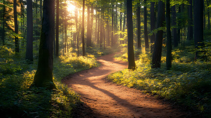 Fototapeta premium A serene forest glade bathes in warm sunlight, dappled shadows dancing on the forest floor along a winding dirt path. Serene Glade. Illustration