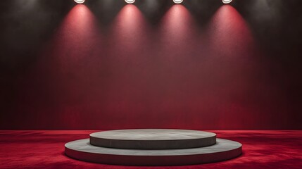A podium placed on a red velvet stage, with spotlights illuminating the empty space, creating a dramatic, theatrical atmosphere