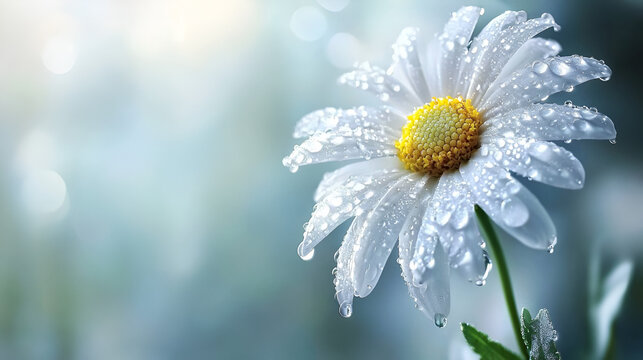 Dew-kissed daisy, a symbol of purity and freshness. Perfect for spring or summer themes.