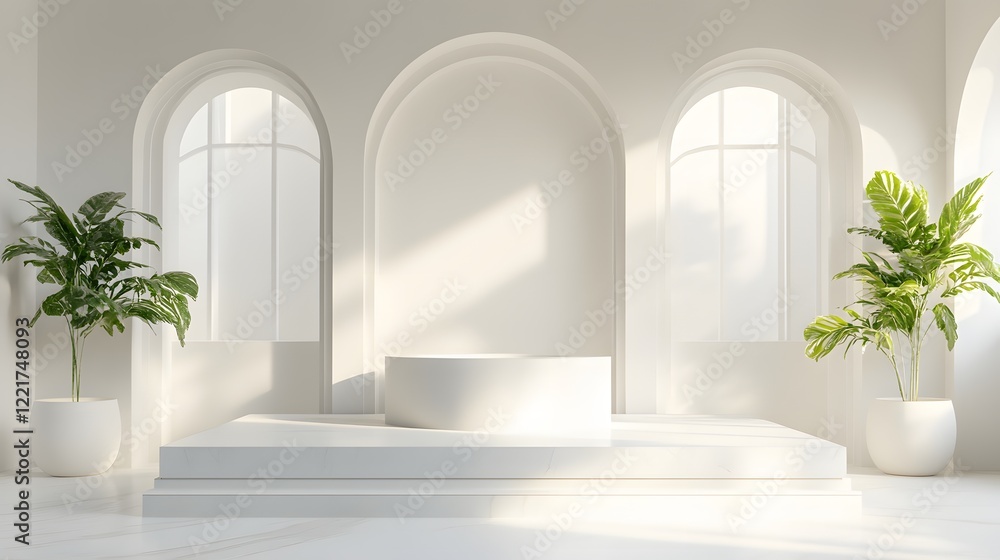 Poster a podium set in a minimalist room with clean white walls and soft, diffused light coming through lar