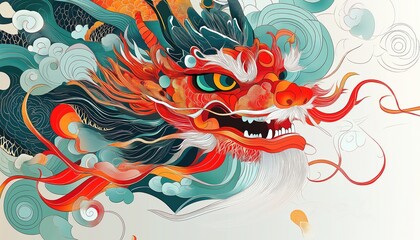 Lunar New Year Dragon Head Artwork with Cloud Accents and Flowing Lines