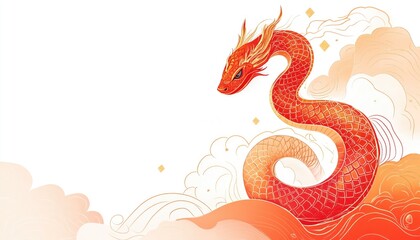 Fototapeta premium Lunar New Year Dragon Illustration in Orange Clouds with Golden Accents