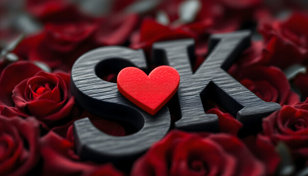 A Red Heart Symbol nestled between dark initials on a bed of red roses - Love and commitment - suitable for Valentines, anniversaries or romantic themed media