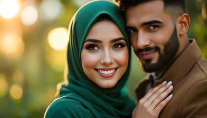 Candid couple portrait with natural lighting and genuine smiles - expressing affection and connection - perfect for wedding announcements or romantic media
