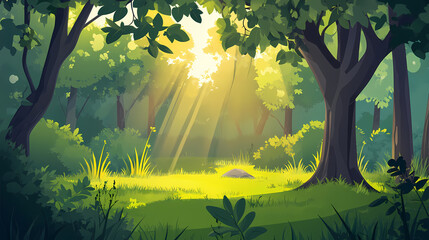 A serene forest glade with tall trees and a bright sun shining through the leaves, forest, greenery, foliage, dappled light, shade. shaded glade. illustration. Serene Glade. Illustration