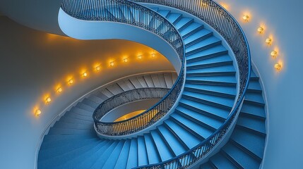 Obraz premium A mesmerizing spiral staircase, bathed in the soft glow of ambient lighting, its elegant blue steps winding gracefully upwards. A stunning architectural marvel.