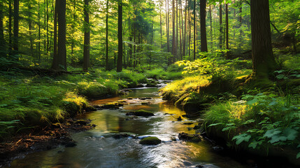 Obraz premium A serene forest glade with tranquil stream surrounded by lush greenery. Serene Glade. Illustration