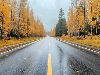 Fototapeta premium Autumn road, rain, yellow trees, forest