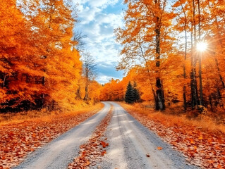 Naklejka premium Autumn road, forest, fall foliage, sunny day, nature scene