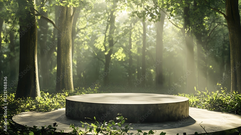 Poster a podium in a sunlit forest glade, with sunlight filtering through the trees and dappled shadows on 