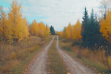Naklejka premium Autumn road through golden forest