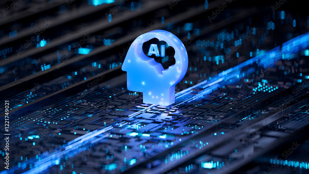 Poster ai brain on circuit board symbolizes intelligence and technology integration. 3d rendering, conceptu