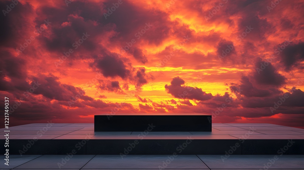 Poster a black podium placed on a stone platform with sharp shadows cast against a deep red and orange suns