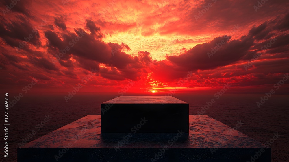 Poster a black podium placed on a stone platform with sharp shadows cast against a deep red and orange suns