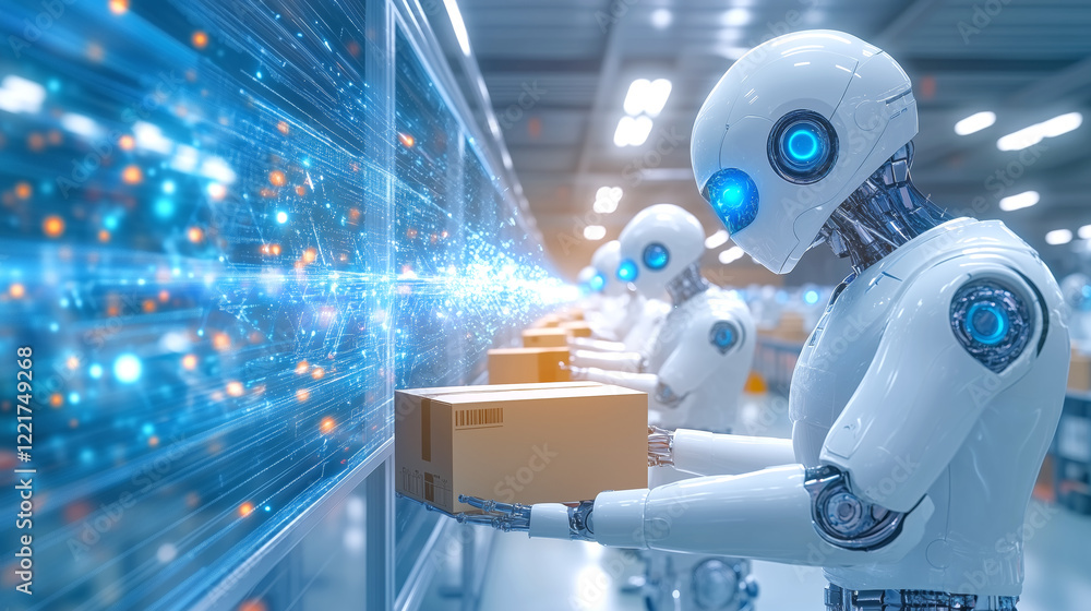 Poster robots working efficiently in a modern warehouse environment