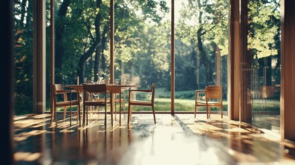 Fototapeta premium Sunlit Modern Dining Space with Nature Views