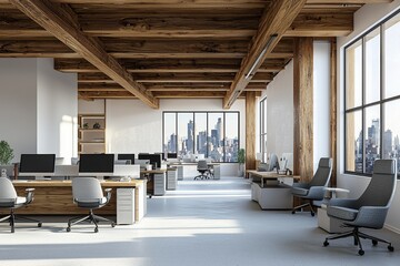 Obraz premium Modern office design for productivity urban cityscape interior photography bright environment wide angle view contemporary concept