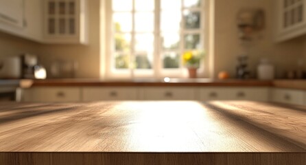 Fototapeta premium Blurred kitchen background with an empty wooden table for product display, focus on the center of with generative ai