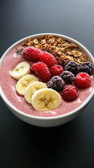 Acai smoothie bowl with granola, sliced bananas, berries, chia seeds, soft natural light and vibrant food styling
