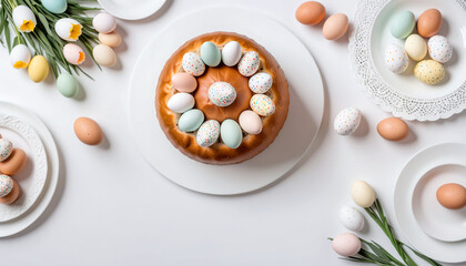 A beautifully arranged Easter table featuring traditional kulich and pastel eggs up top look
