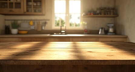 Blurred kitchen background with an empty wooden table for product display, focus on the center of with generative ai