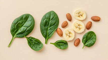 Obraz premium Healthy eating: Spinach, banana slices, and almonds arranged on a beige background.