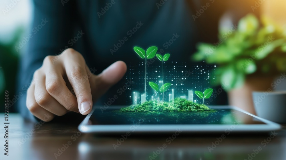 Poster concept of digital gardening and sustainable development with hands engaging tablet displaying growi