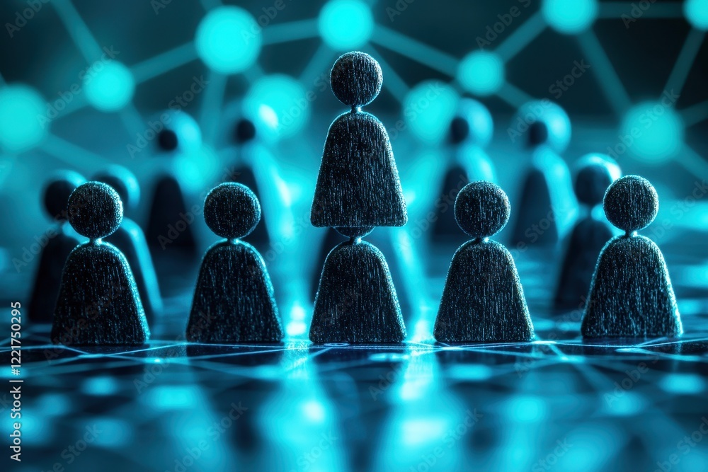Poster conceptual representation of networking and leadership with abstract figures, symbolizing teamwork a