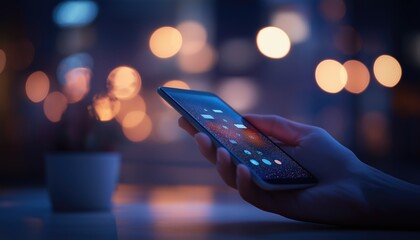 Social Media Update on Mobile Phone at Night with Bokeh Lights