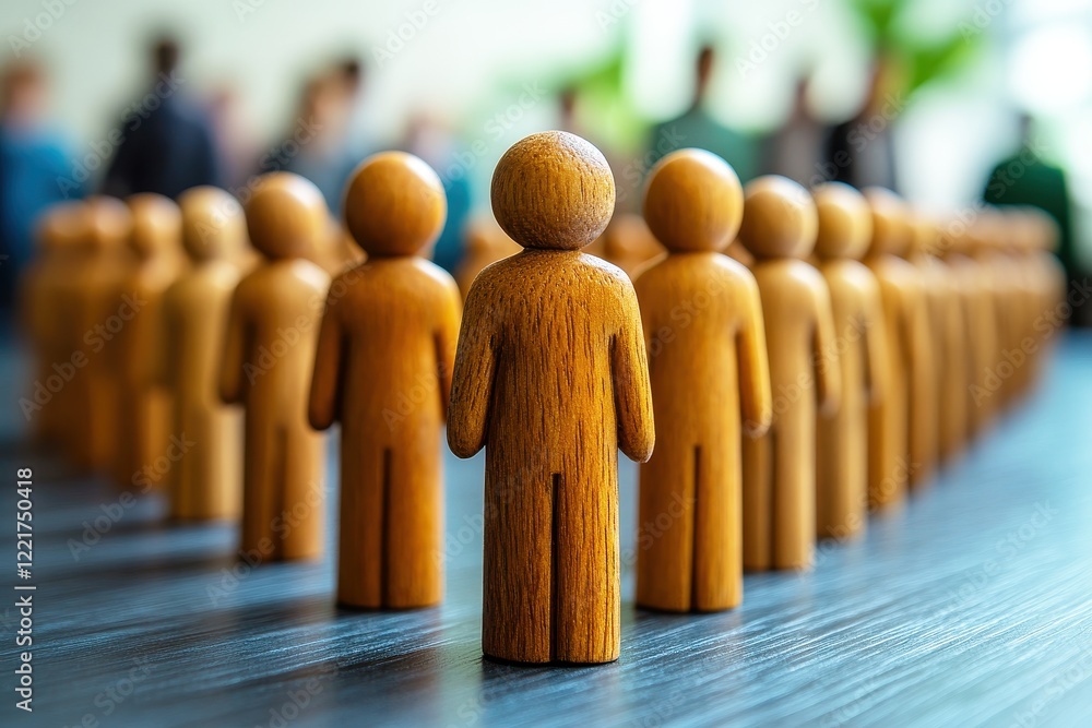 Poster wooden figurines representing unity and teamwork, standing in formation with a blurred background of