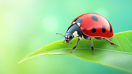 Fototapeta premium Ladybug walking on a green leaf under natural light
