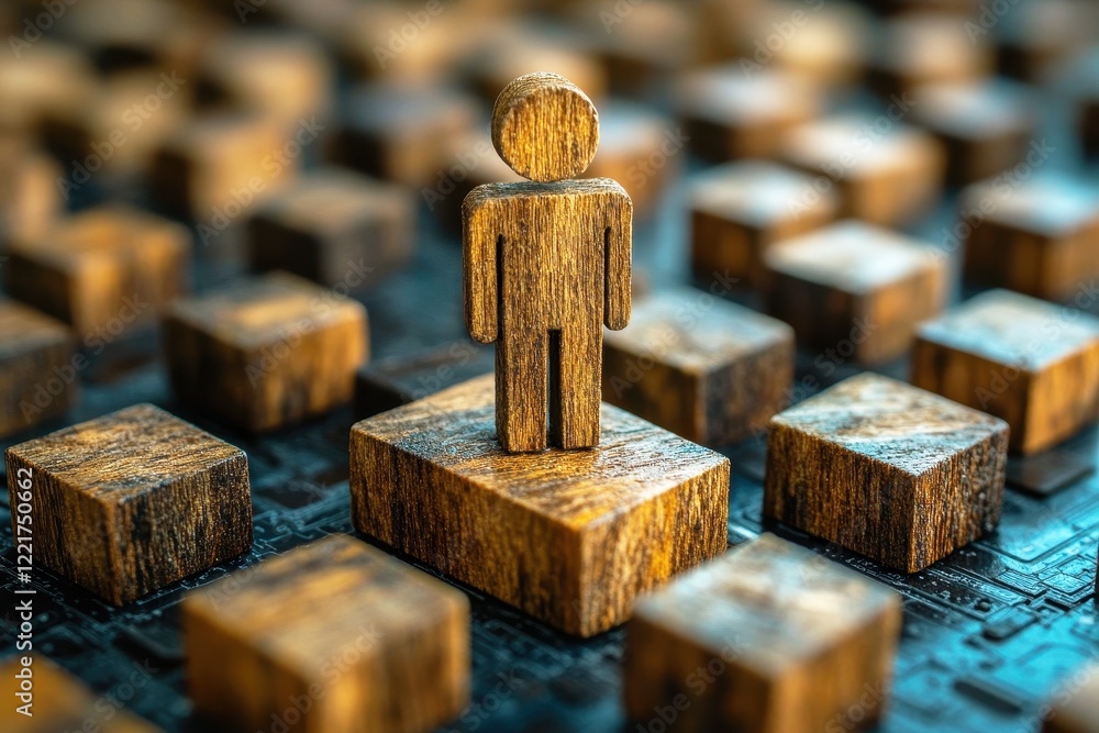 Poster wooden figure standing on a wooden block in a sea of blocks with digital circuit pattern background 