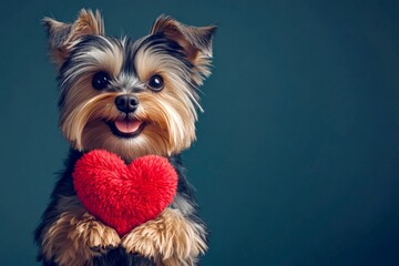 Yorkshire terrier - my preferred dog. Cute yorkshire terrier doggy with fluffy red heart - emblem of love, funny greeting card. Marketing conceptual art. Puppy valentine ideas. Romantic pets.