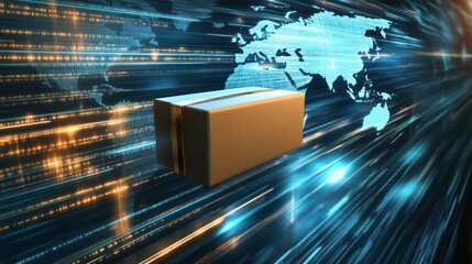 A package speeding across the world map, representing fast and reliable delivery, global shipping, speed and efficiency