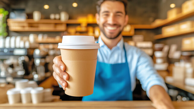 Barista serving coffee in a busy cafe