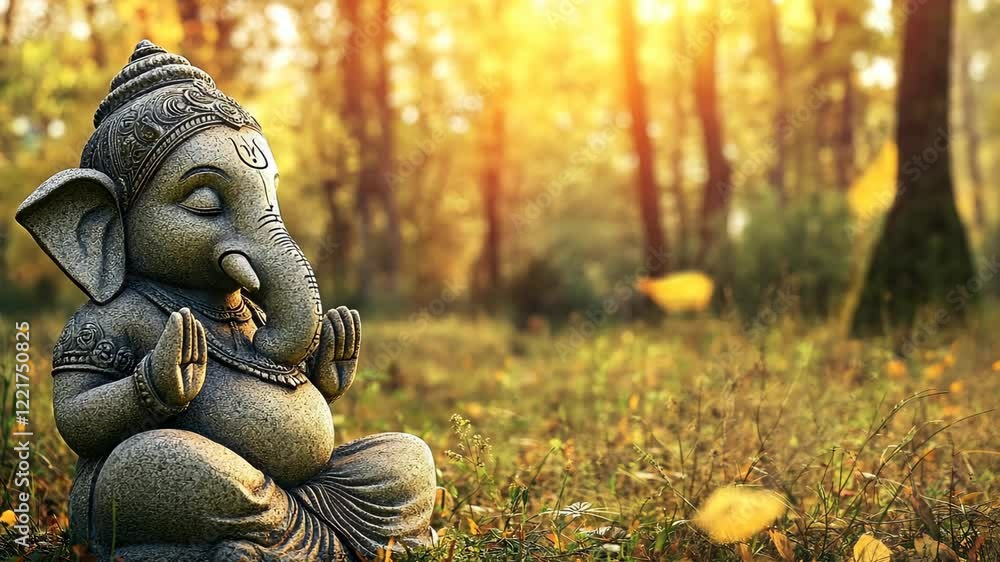 Aufkleber serenity in nature with a stone ganesha statue surrounded by trees and sunlight filtering through th