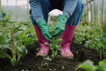 Naklejka premium Gardening in greenhouse: person planting seedling with care and precision