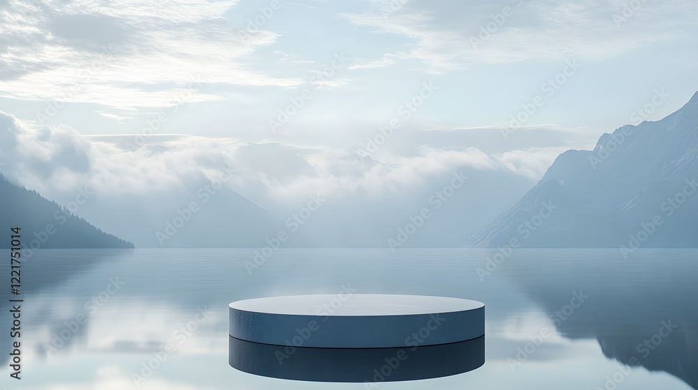 Aufkleber a podium in front of a reflective water surface, with distant mountains and soft cloud formations cr
