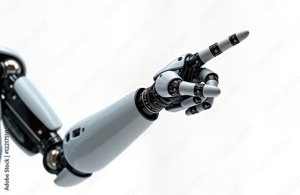 Poster robotic arm points forward. futuristic tech arm points. mechanical hand. grey, black details. isolat